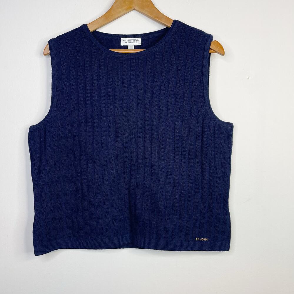 St John Sport Dark Navy Blue Santana Knit Sleeveless Ribbed Sweater Shell Top L